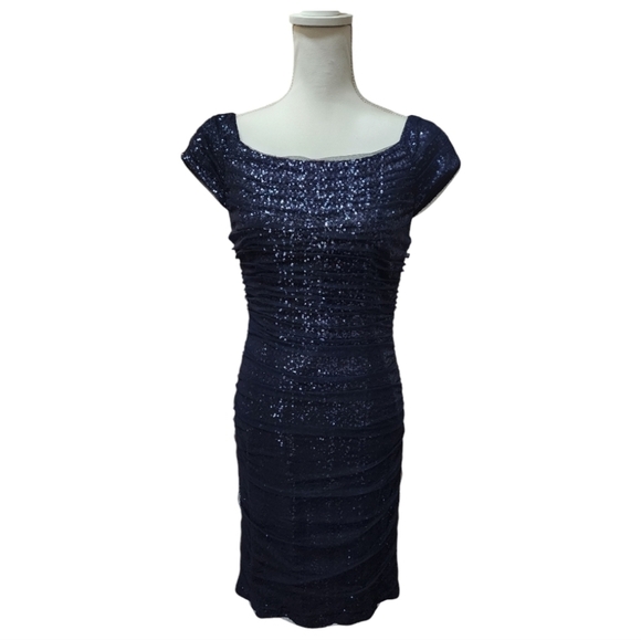 Lauren Ralph Lauren Evening Women's Navy Blue Sequin Cap Sleeve Dress, size 8 - Picture 4 of 14